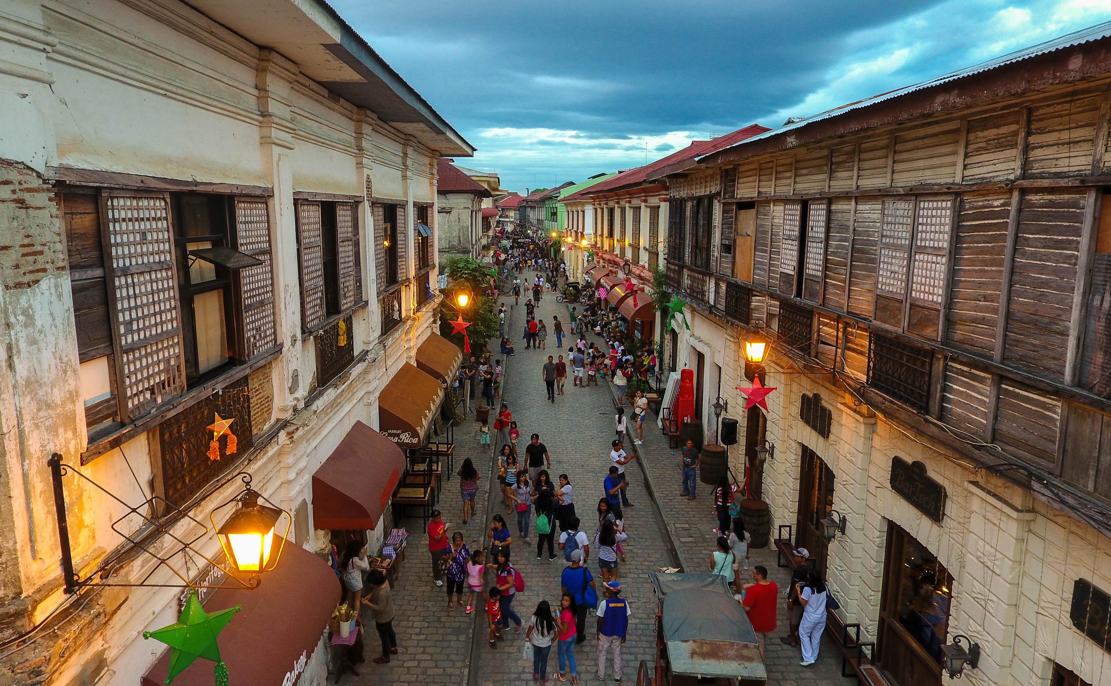 Colonial cobblestone street lined with ancestral houses in Vigan